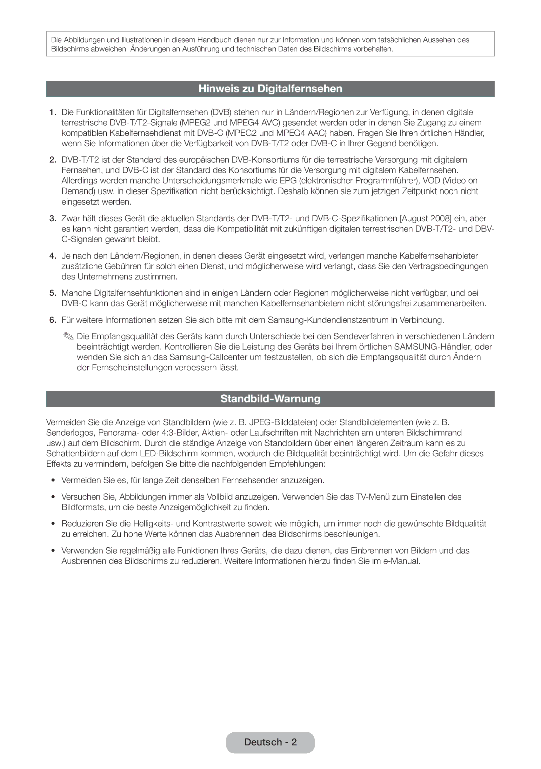 Samsung LT28E310EW/EN, LT32E310EXQ/EN, LT32E310EW/EN, LT28E310EXQ/EN manual Hinweis zu Digitalfernsehen, Standbild-Warnung 