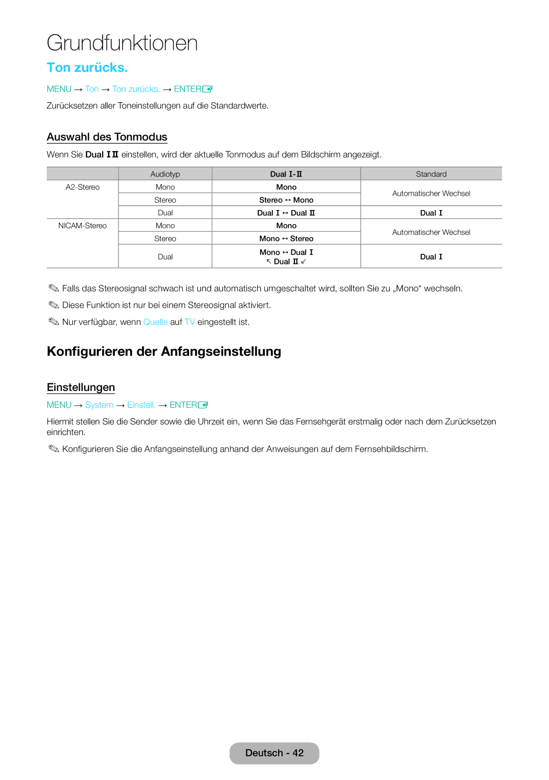 Samsung LT32E310EXQ/EN manual Ton zurücks, Konfigurieren der Anfangseinstellung, Auswahl des Tonmodus, Einstellungen 