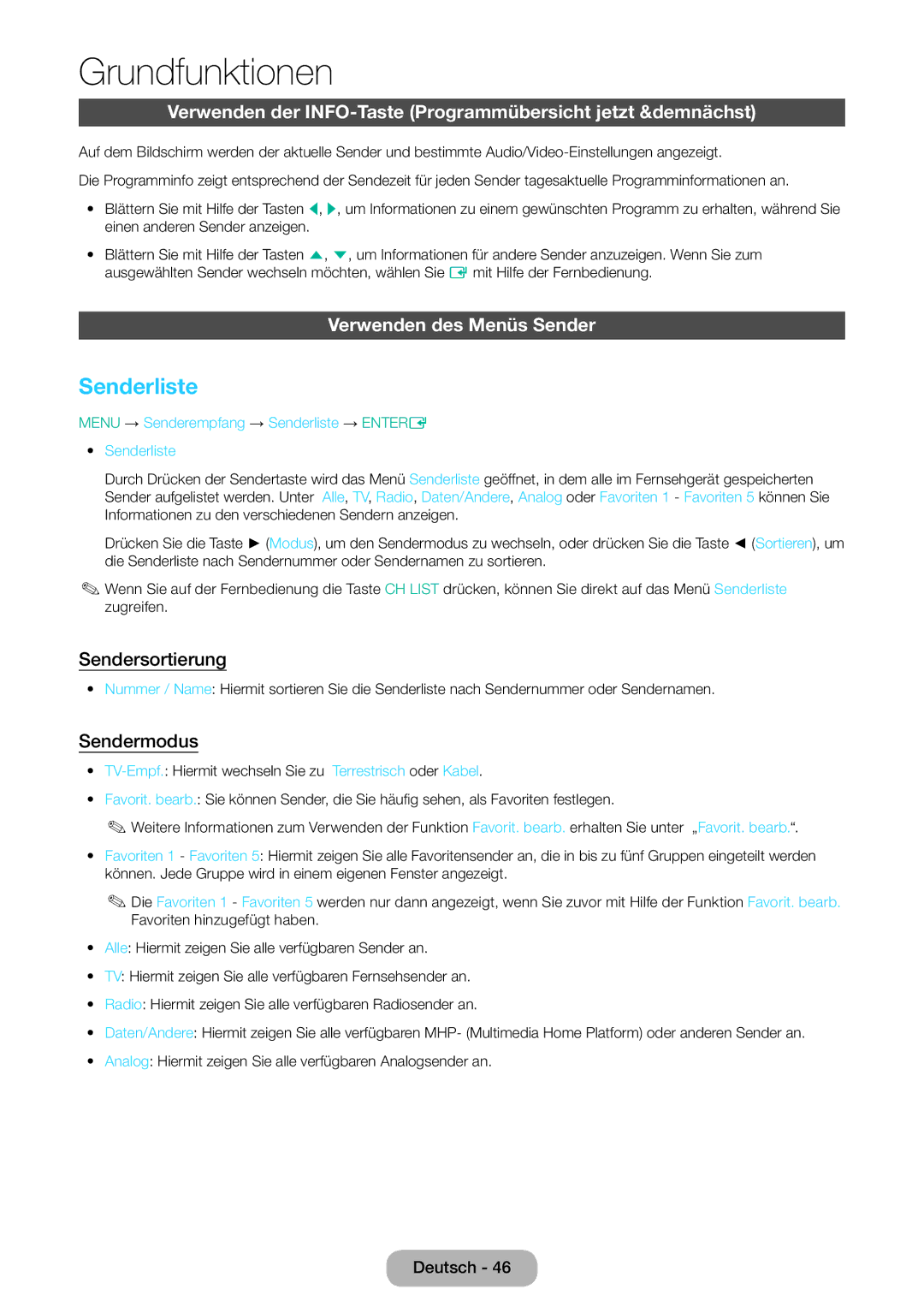 Samsung LT24E310EW/EN Senderliste, Verwenden der INFO-Taste Programmübersicht jetzt &demnächst, Verwenden des Menüs Sender 