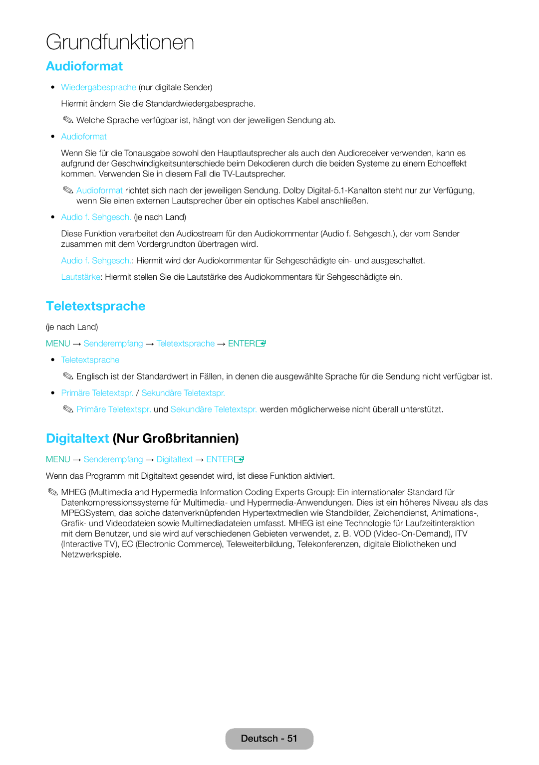 Samsung LT28E310EW/EN, LT32E310EXQ/EN, LT32E310EW/EN manual Audioformat, Teletextsprache, Digitaltext Nur Großbritannien 
