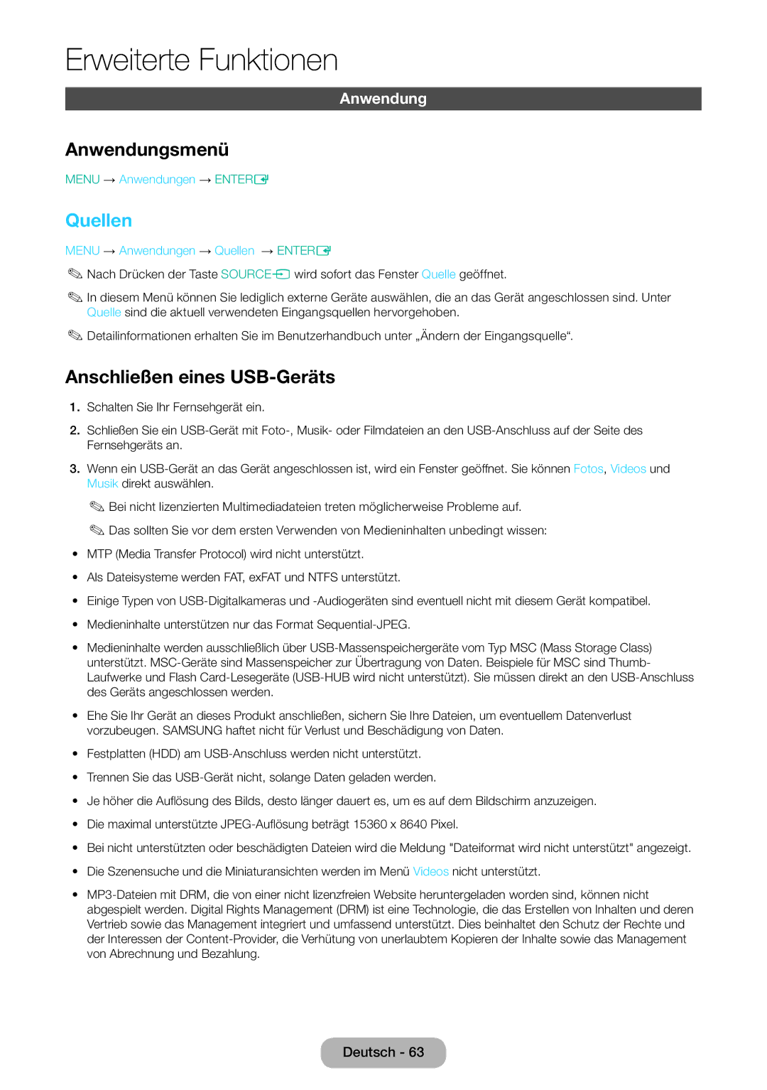 Samsung LT32E310EXQ/EN, LT32E310EW/EN, LT28E310EW/EN, LT28E310EXQ/EN Anwendungsmenü, Quellen, Anschließen eines USB-Geräts 