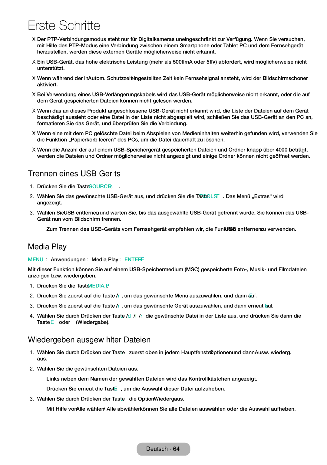 Samsung LT32E310EW/EN, LT32E310EXQ/EN, LT28E310EW/EN Trennen eines USB-Geräts, Media Play, Wiedergeben ausgewählter Dateien 