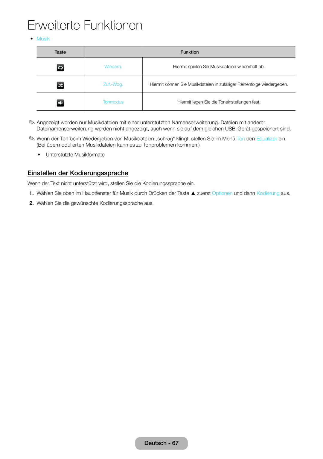 Samsung LT24E310EW/EN, LT32E310EXQ/EN, LT32E310EW/EN, LT28E310EW/EN manual Einstellen der Kodierungssprache, Taste Funktion 