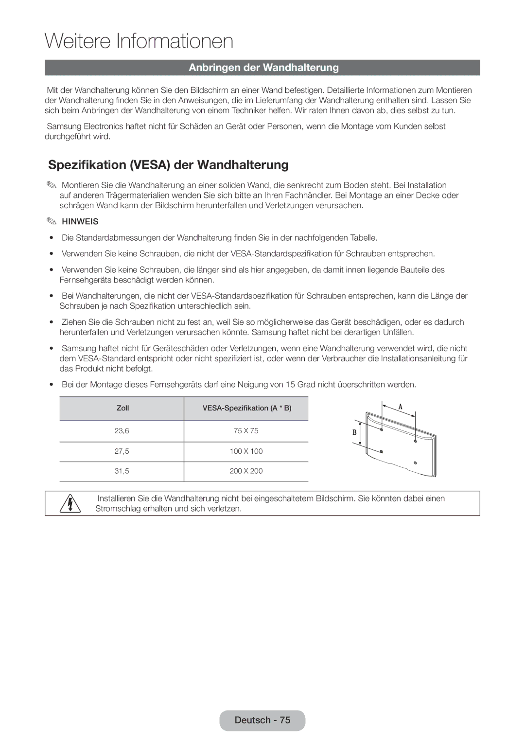 Samsung LT28E310EX/EN, LT32E310EXQ/EN manual Spezifikation Vesa der Wandhalterung, Anbringen der Wandhalterung, Tabelle 