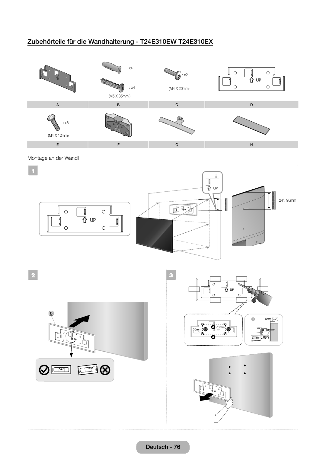 Samsung LT32E310EX/EN, LT32E310EXQ/EN manual Zubehörteile für die Wandhalterung T24E310EW T24E310EX, Montage an der Wandl 