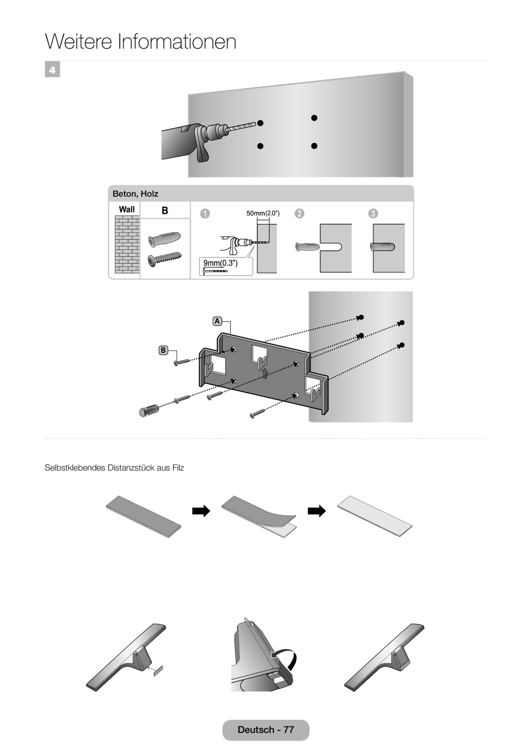 Samsung LT32E310EXQ/EN, LT32E310EW/EN, LT28E310EW/EN, LT28E310EXQ/EN manual Beton, Holz Selbstklebendes Distanzstück aus Filz 