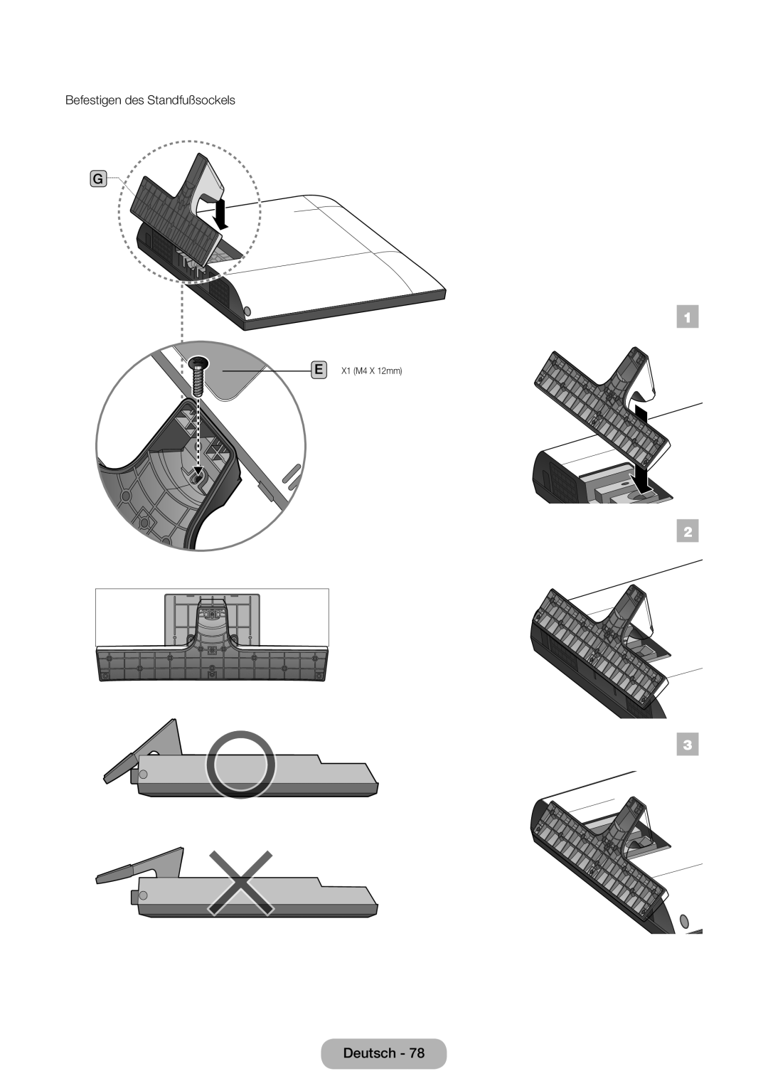Samsung LT32E310EW/EN, LT32E310EXQ/EN, LT28E310EW/EN, LT28E310EXQ/EN, LT24E310EW/EN manual Befestigen des Standfußsockels 