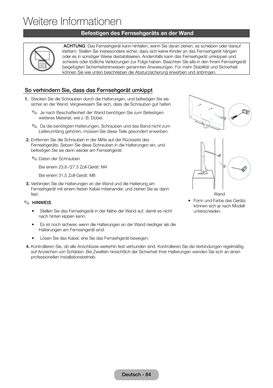 Samsung LT32E310EXQ/EN manual Befestigen des Fernsehgeräts an der Wand, So verhindern Sie, dass das Fernsehgerät umkippt 