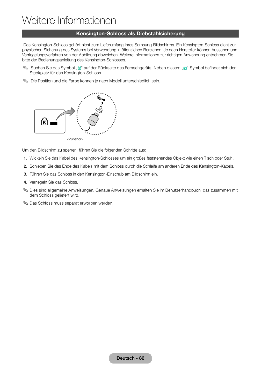 Samsung LT28E310EW/EN, LT32E310EXQ/EN, LT32E310EW/EN, LT28E310EXQ/EN, LT24E310EW/EN Kensington-Schloss als Diebstahlsicherung 