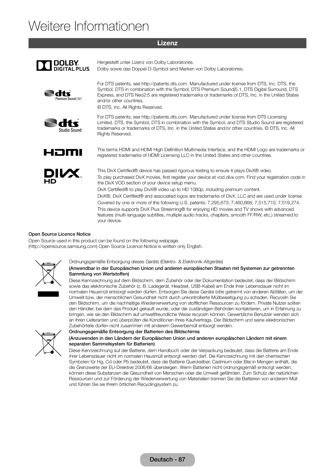 Samsung LT28E310EXQ/EN, LT32E310EXQ/EN, LT32E310EW/EN, LT28E310EW/EN, LT24E310EW/EN, LT28E310EX/EN, LT32E310EX/EN manual Lizenz 