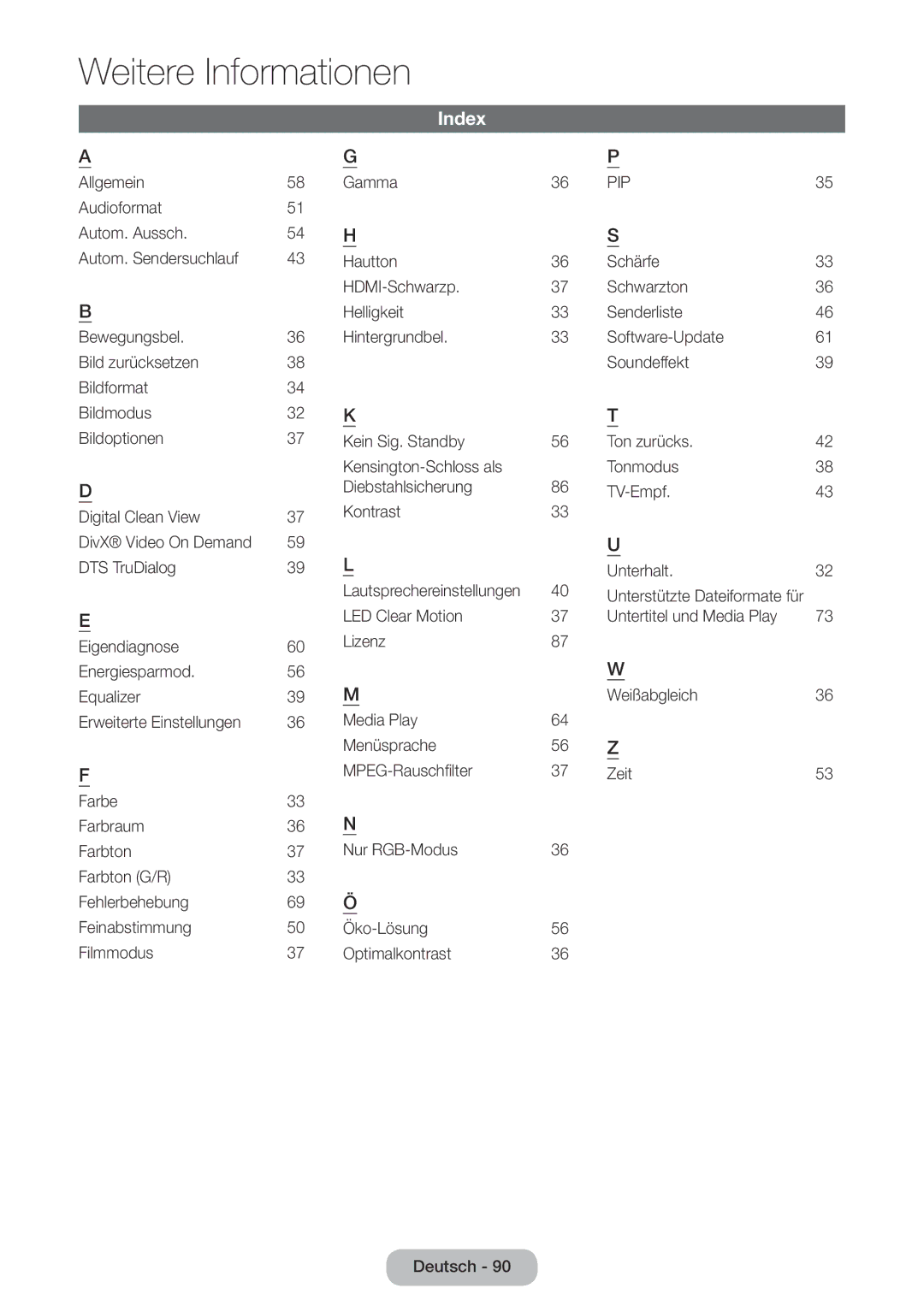 Samsung LT32E310EX/EN, LT32E310EXQ/EN, LT32E310EW/EN manual Index, Lautsprechereinstellungen Unterstützte Dateiformate für 