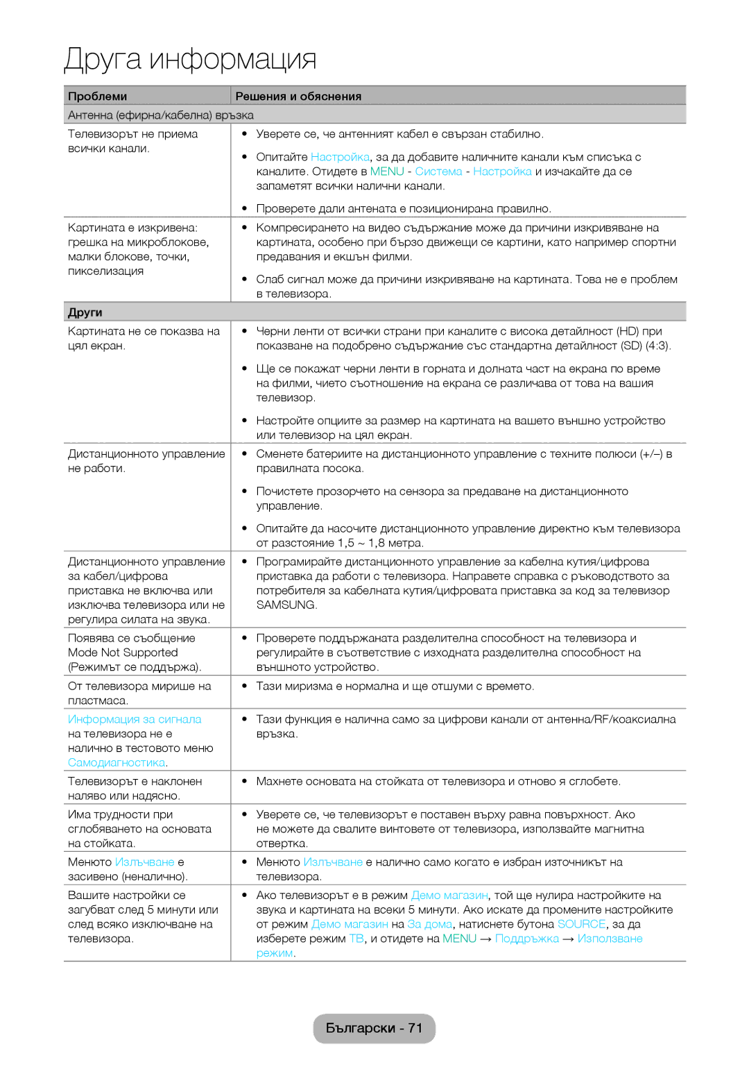 Samsung LT24E310EX/EN, LT32E310EXQ/EN, LT32E310EW/EN manual Информация за сигнала, Самодиагностика, Менюто Излъчване е, Режим 