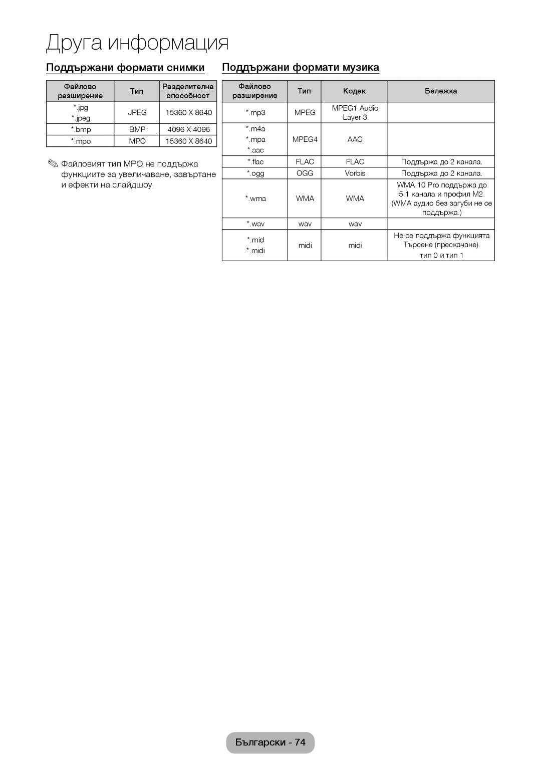 Samsung LT28E310EW/EN, LT32E310EXQ/EN, LT32E310EW/EN, LT28E310EXQ/EN Поддържани формати снимки Поддържани формати музика 