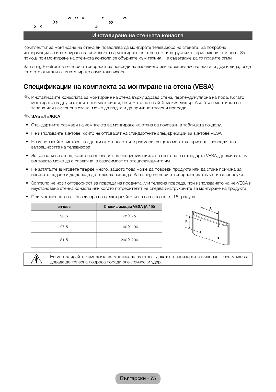 Samsung LT28E310EXQ/EN manual Спецификации на комплекта за монтиране на стена Vesa, Инсталиране на стенната конзола 