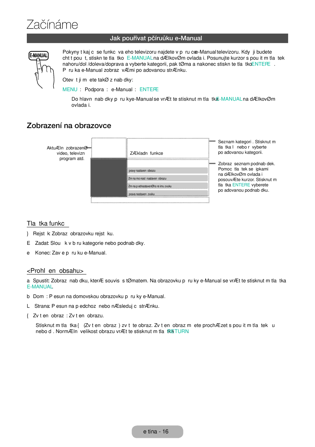 Samsung LT24E310EX/EN manual Zobrazení na obrazovce, Jak používat příručku e-Manual, Tlačítka funkcí, Prohlížení obsahu 