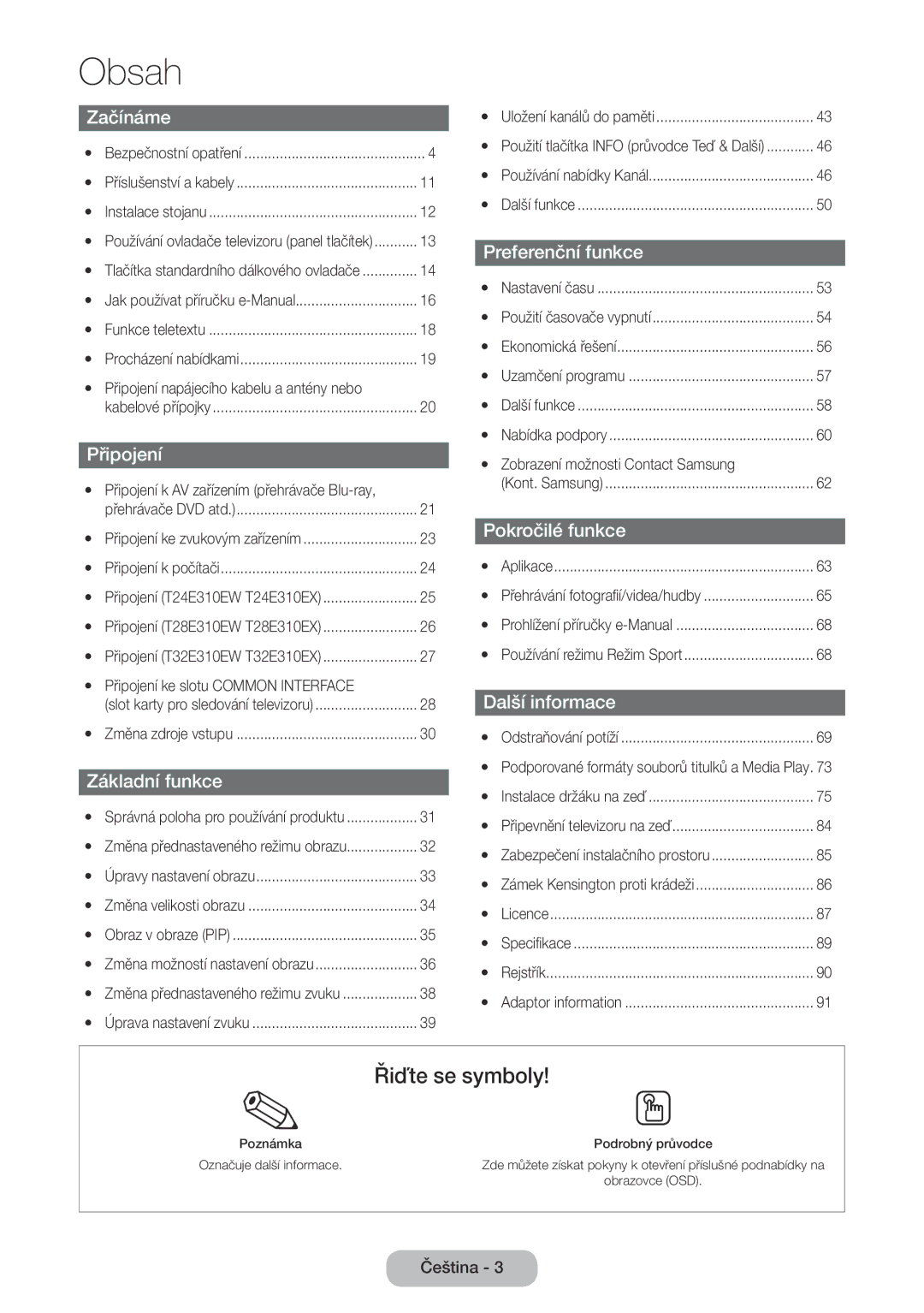 Samsung LT28E310EXQ/EN, LT32E310EXQ/EN, LT32E310EW/EN, LT28E310EW/EN, LT24E310EW/EN, LT28E310EX/EN, LT32E310EX/EN manual Obsah 