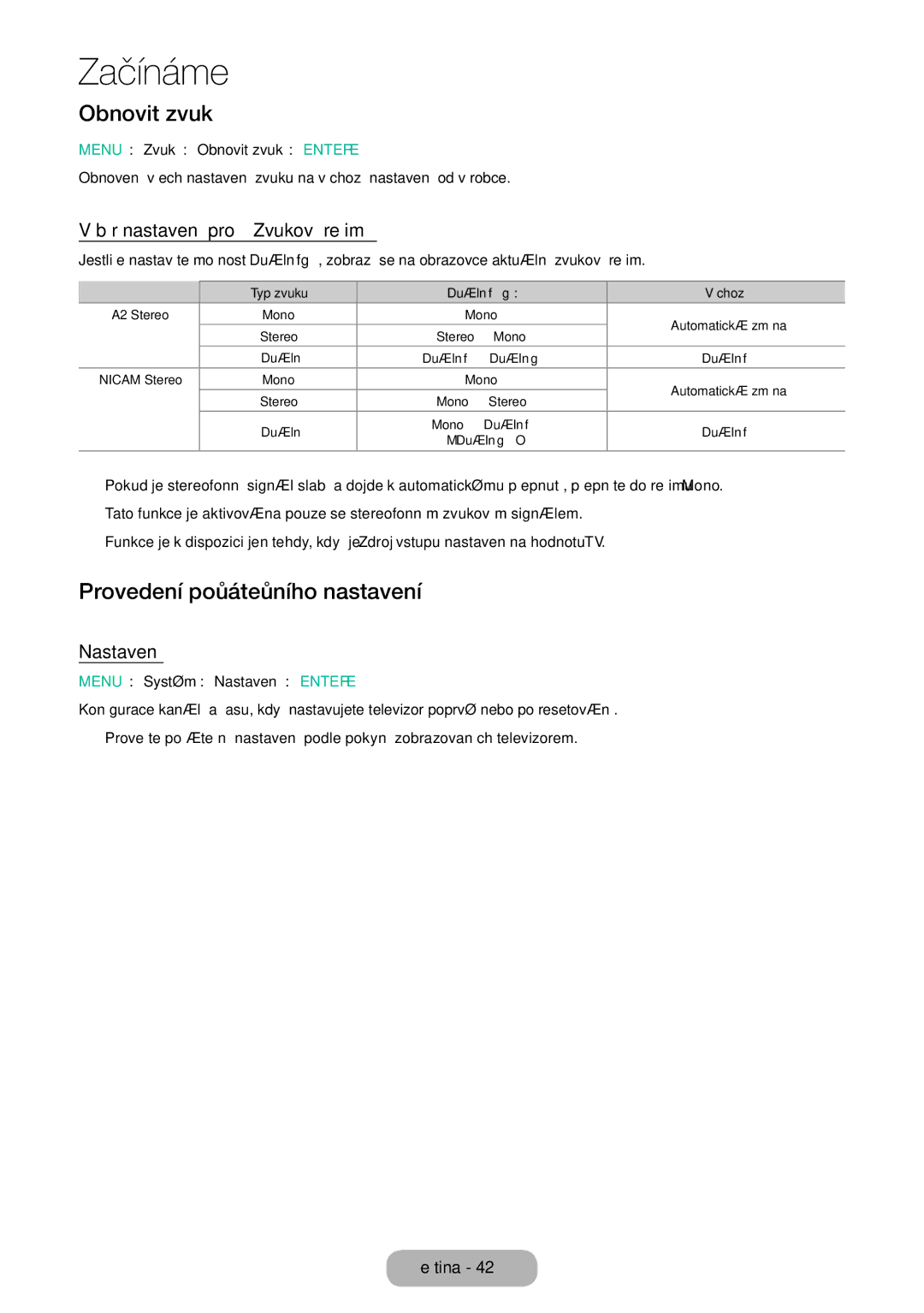 Samsung LT32E310EX/EN manual Obnovit zvuk, Provedení počátečního nastavení, Výběr nastavení pro Zvukový režim, Nastavení 