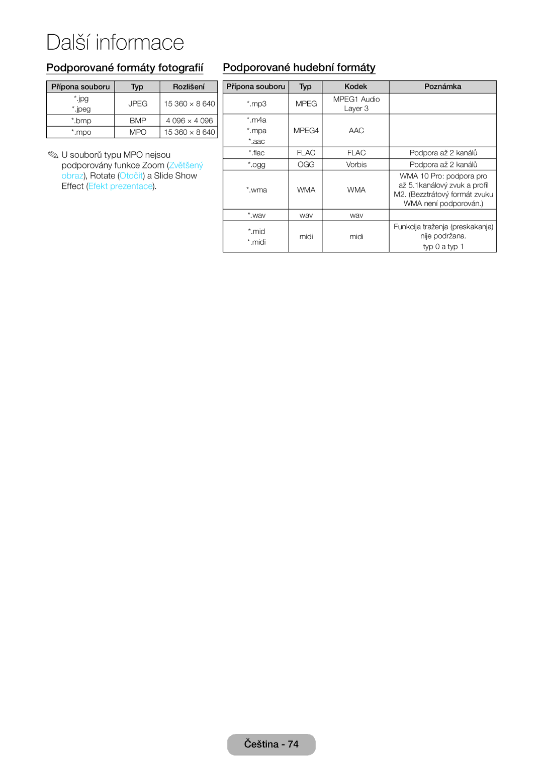 Samsung LT28E310EW/EN, LT32E310EXQ/EN, LT32E310EW/EN manual Podporované formáty fotografií Podporované hudební formáty 