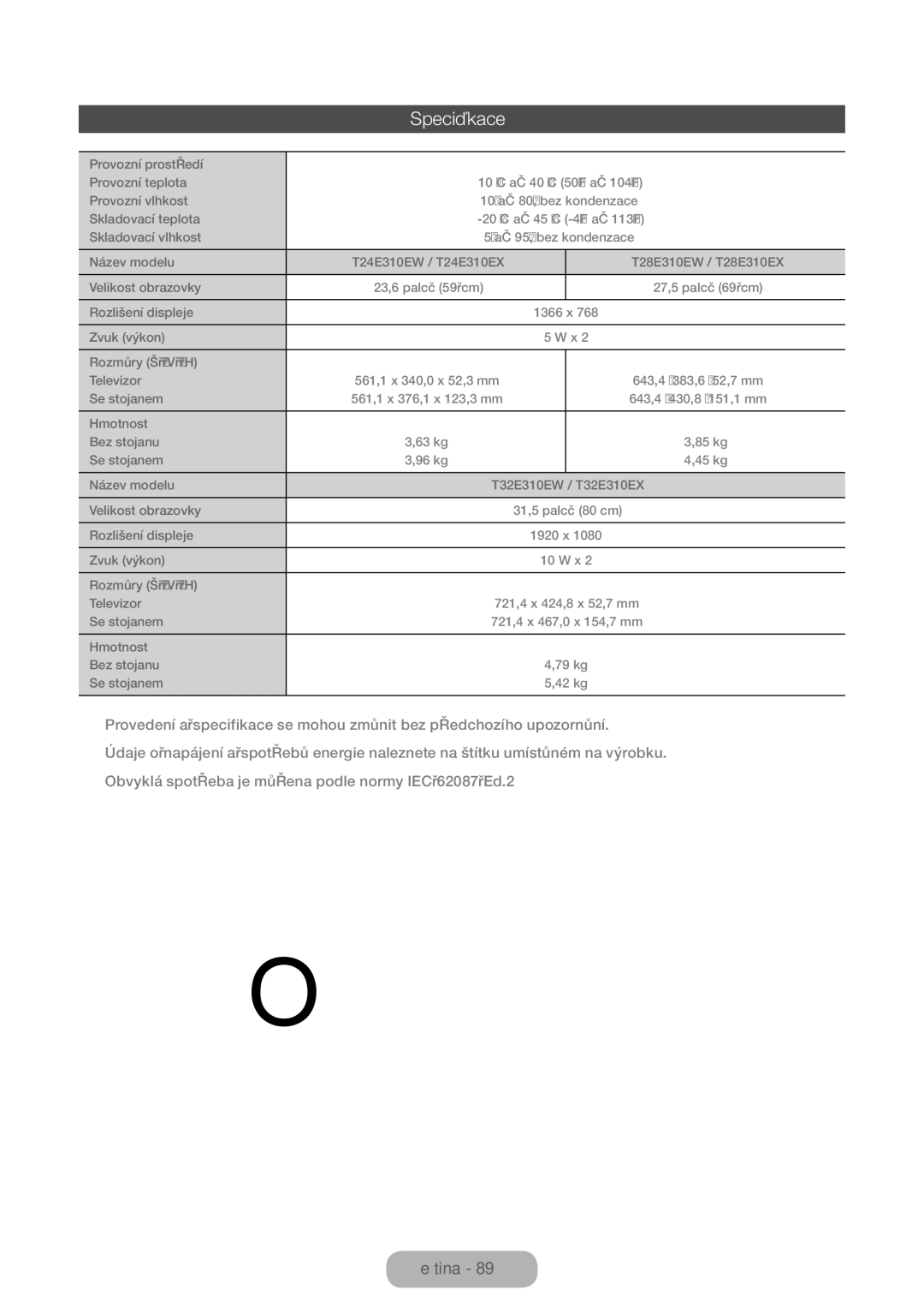 Samsung LT32E310EX/XU, LT32E310EXQ/EN, LT32E310EW/EN, LT28E310EW/EN, LT28E310EXQ/EN, LT24E310EW/EN, LT28E310EX/EN Specifikace 