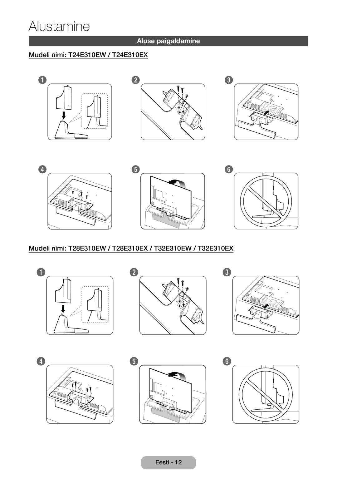 Samsung LT24E310EW/EN, LT32E310EXQ/EN, LT32E310EW/EN, LT28E310EW/EN, LT28E310EXQ/EN, LT28E310EX/EN manual Aluse paigaldamine 