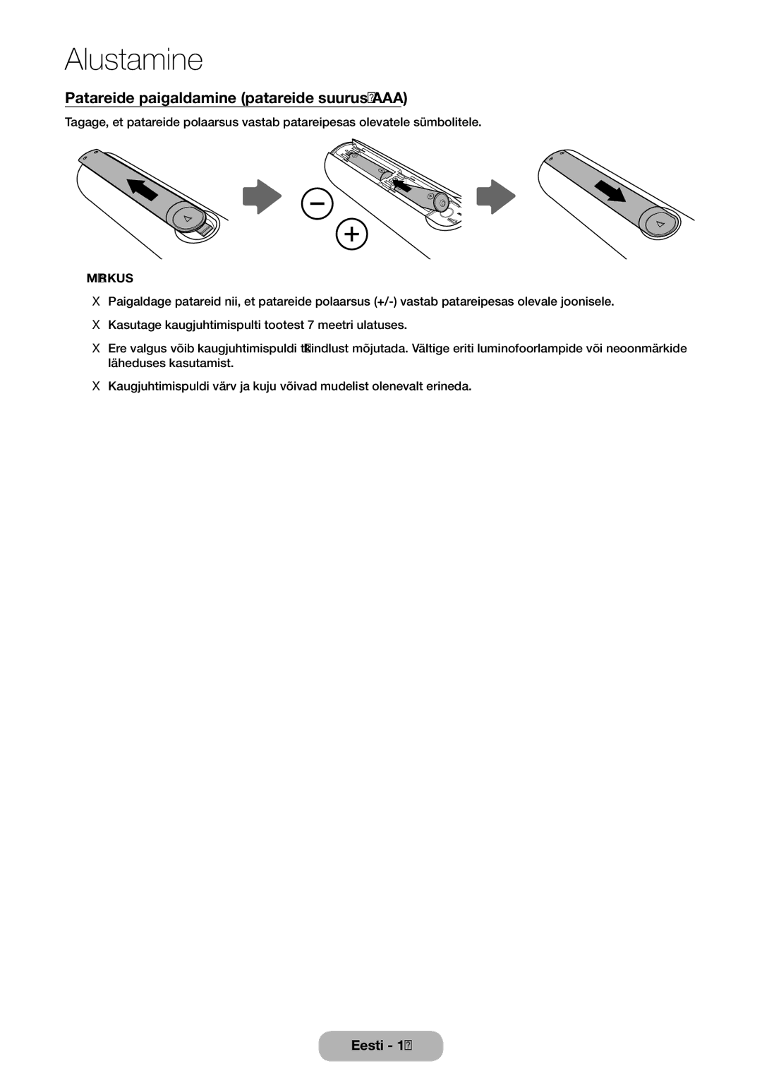 Samsung LT24E310EX/EN, LT32E310EXQ/EN, LT32E310EW/EN, LT28E310EW/EN manual Patareide paigaldamine patareide suurus AAA, Märkus 