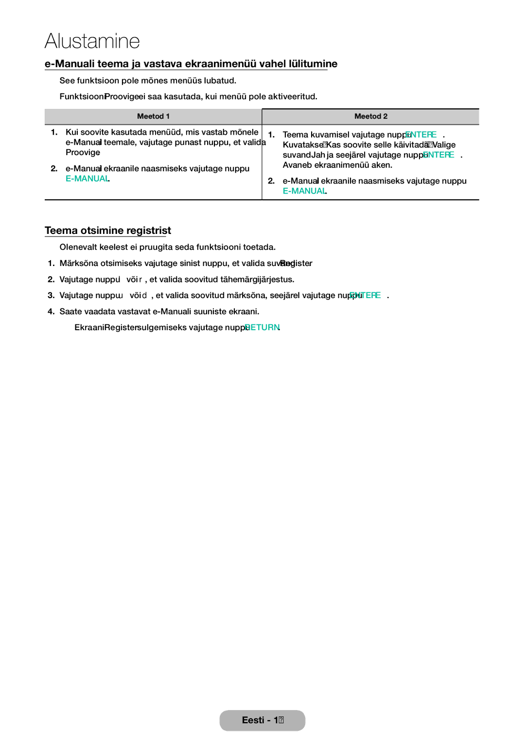 Samsung LT32E310EW/EN manual Manuali teema ja vastava ekraanimenüü vahel lülitumine, Teema otsimine registrist, Proovige 