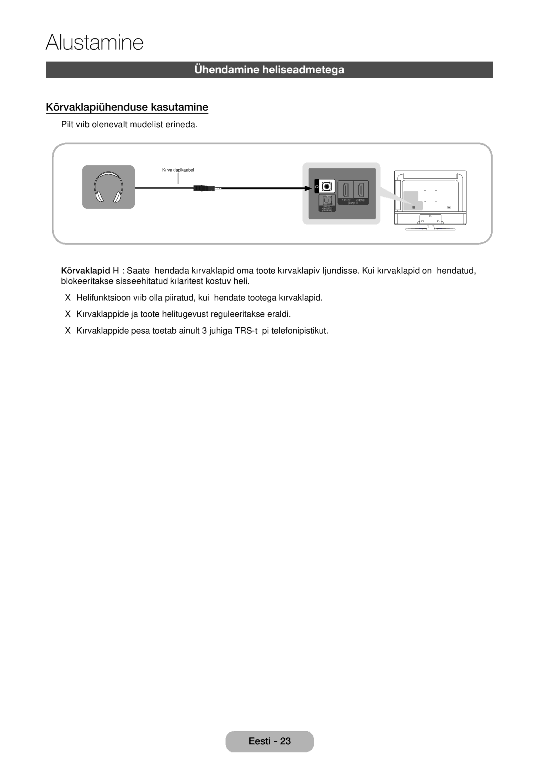 Samsung LT24E310EX/EN manual Ühendamine heliseadmetega, Kõrvaklapiühenduse kasutamine, Pilt võib olenevalt mudelist erineda 