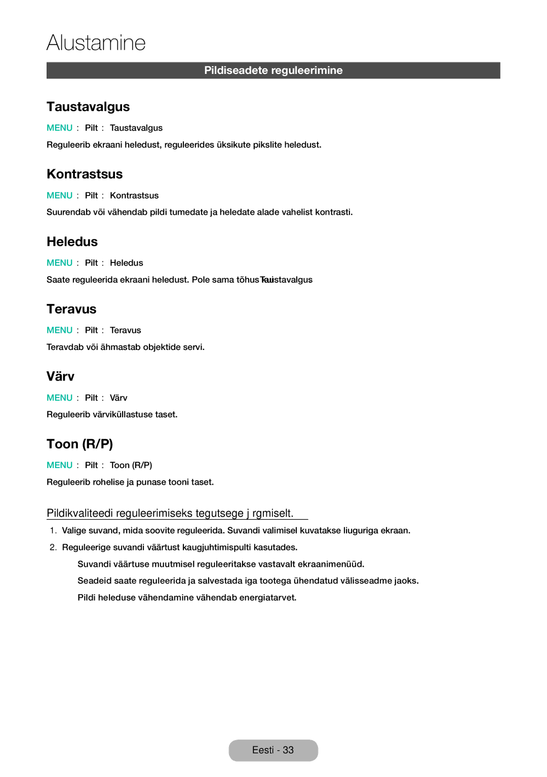 Samsung LT32E310EW/EN, LT32E310EXQ/EN, LT28E310EW/EN manual Taustavalgus, Kontrastsus, Heledus, Teravus, Värv, Toon R/P 