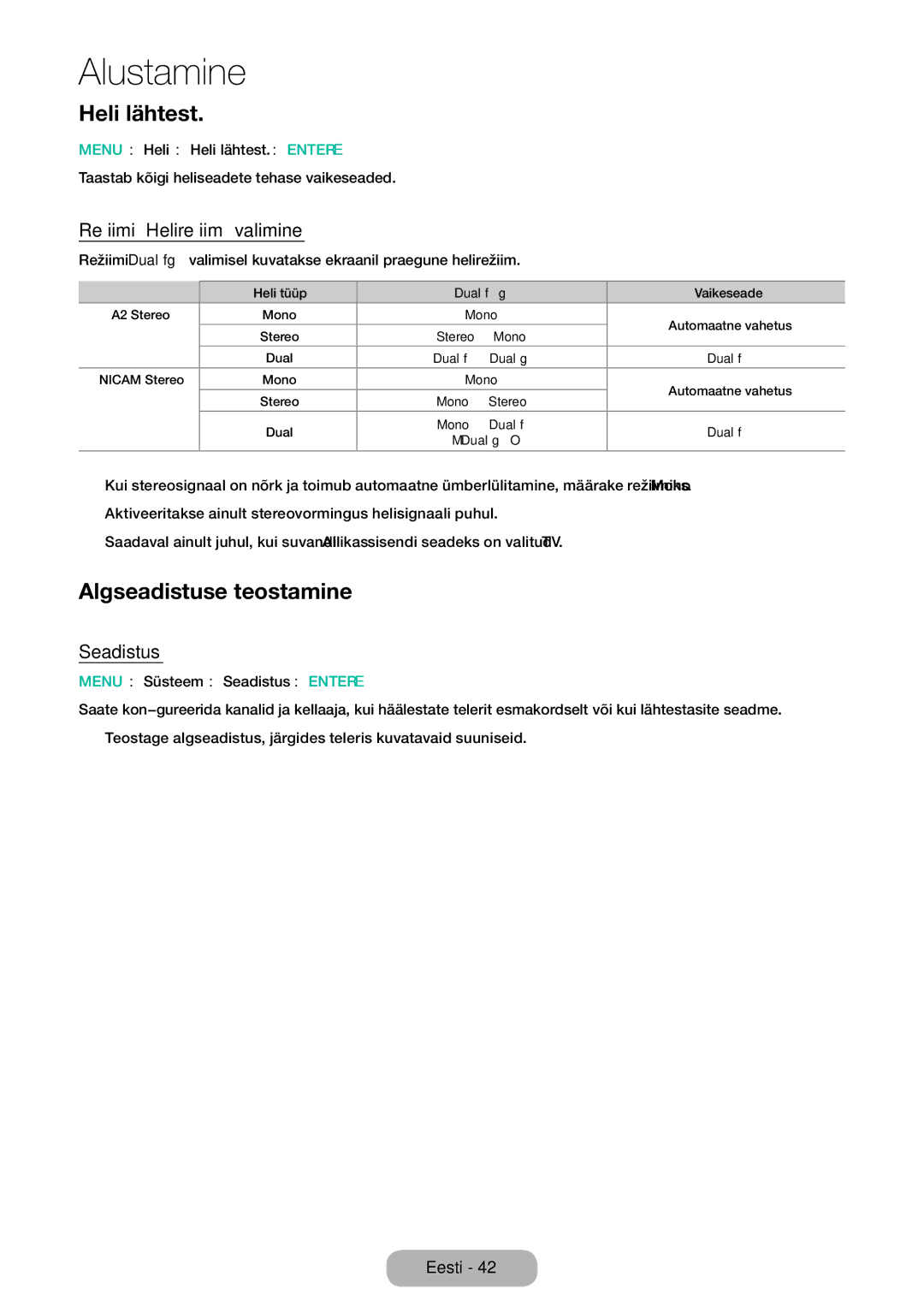 Samsung LT28E310EW/EN, LT32E310EXQ/EN manual Heli lähtest, Algseadistuse teostamine, Režiimi Helirežiim valimine, Seadistus 