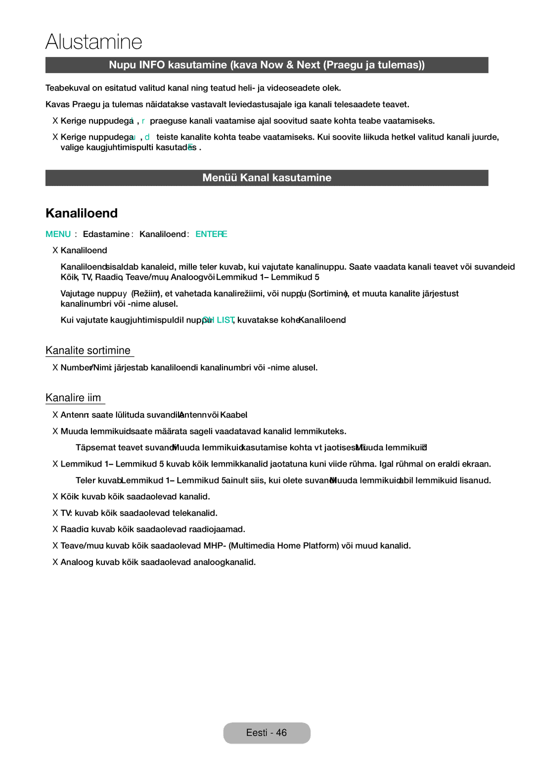 Samsung LT32E310EX/EN manual Kanaliloend, Nupu Info kasutamine kava Now & Next Praegu ja tulemas, Menüü Kanal kasutamine 