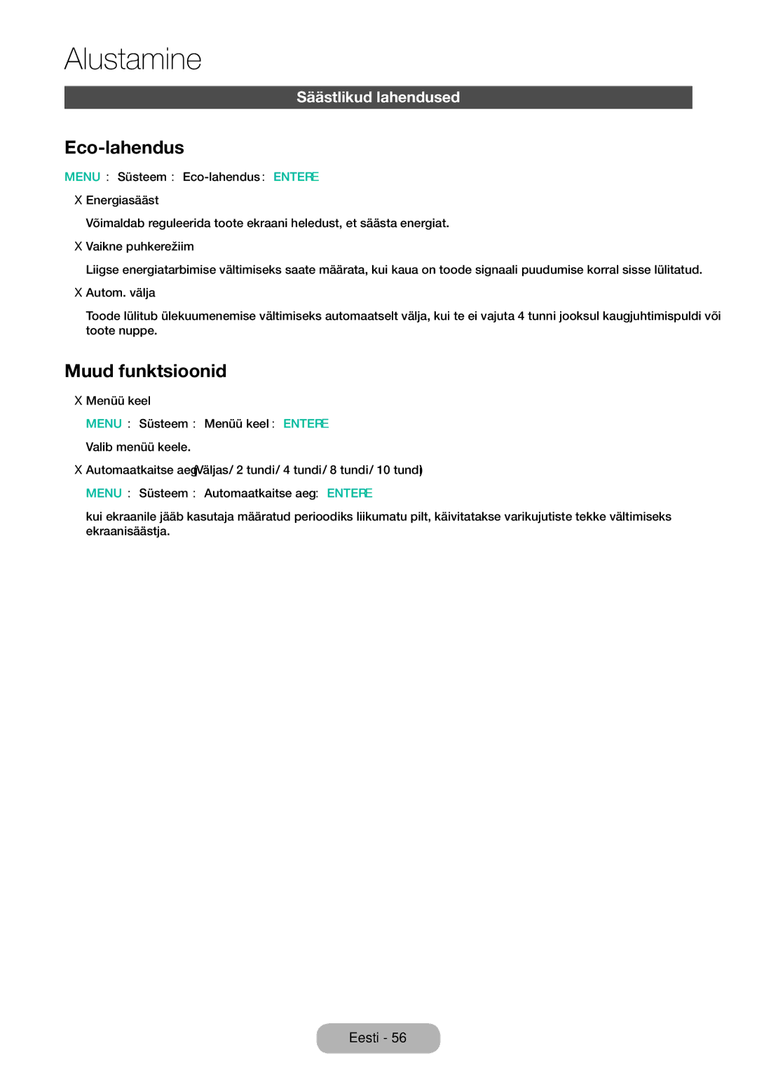 Samsung LT32E310EXQ/EN, LT32E310EW/EN, LT28E310EW/EN, LT28E310EXQ/EN Eco-lahendus, Muud funktsioonid, Säästlikud lahendused 