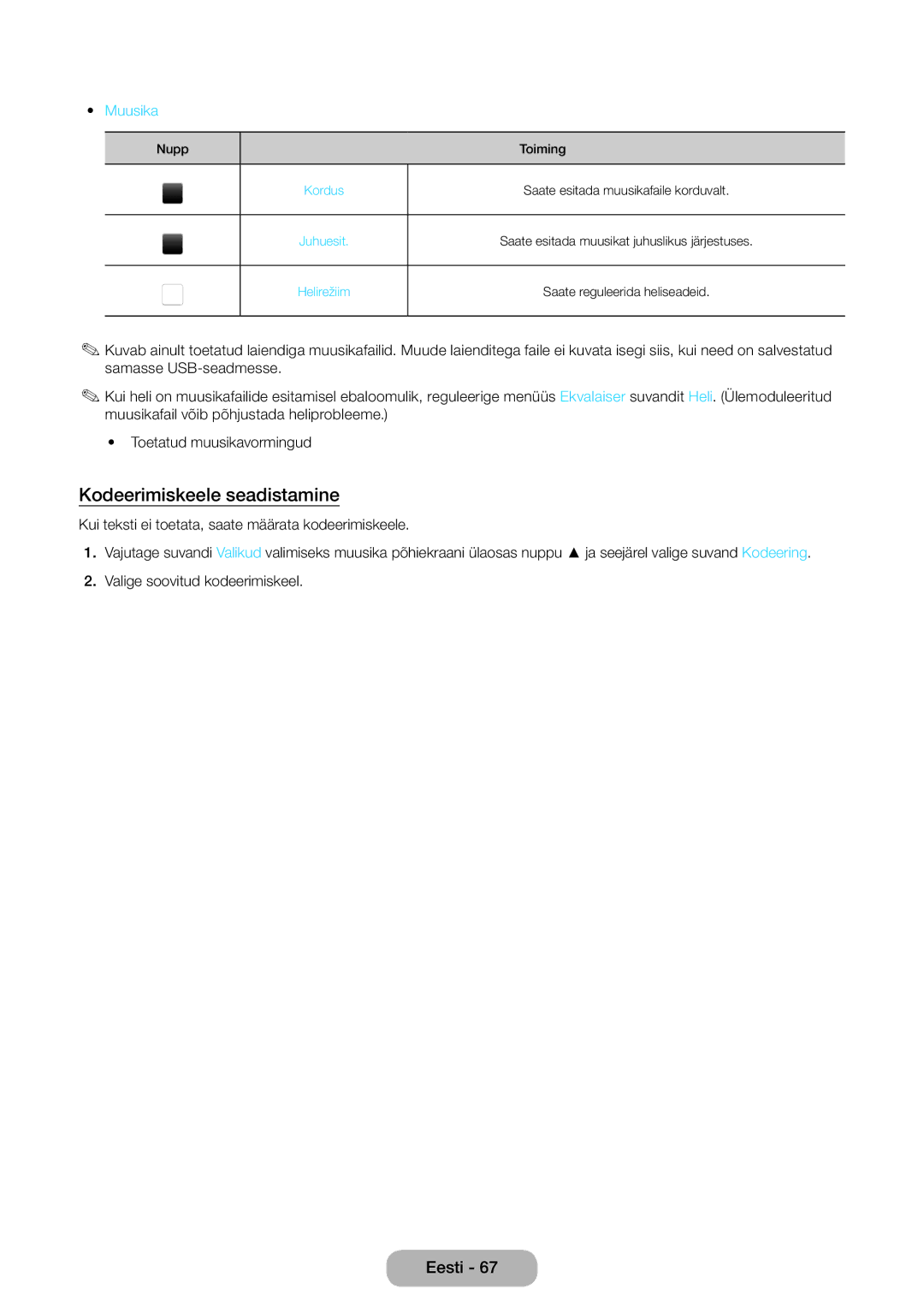 Samsung LT28E310EXQ/EN, LT32E310EXQ/EN, LT32E310EW/EN, LT28E310EW/EN, LT24E310EW/EN Kodeerimiskeele seadistamine, Muusika 