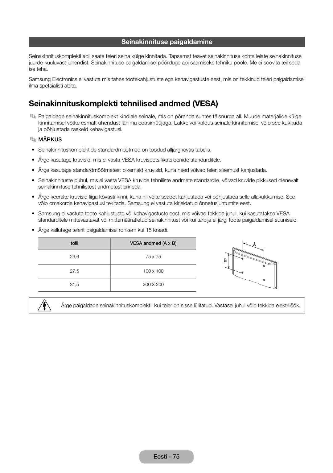 Samsung LT28E310EXQ/EN, LT32E310EXQ/EN manual Seinakinnituskomplekti tehnilised andmed Vesa, Seinakinnituse paigaldamine 