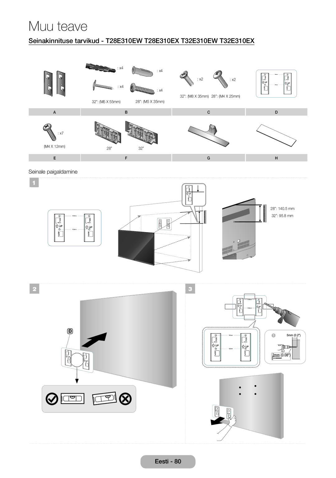 Samsung LT32E310EXQ/EN, LT32E310EW/EN, LT28E310EW/EN, LT28E310EXQ/EN, LT24E310EW/EN, LT28E310EX/EN manual M4 X 12mm 32 M5 X 55mm 