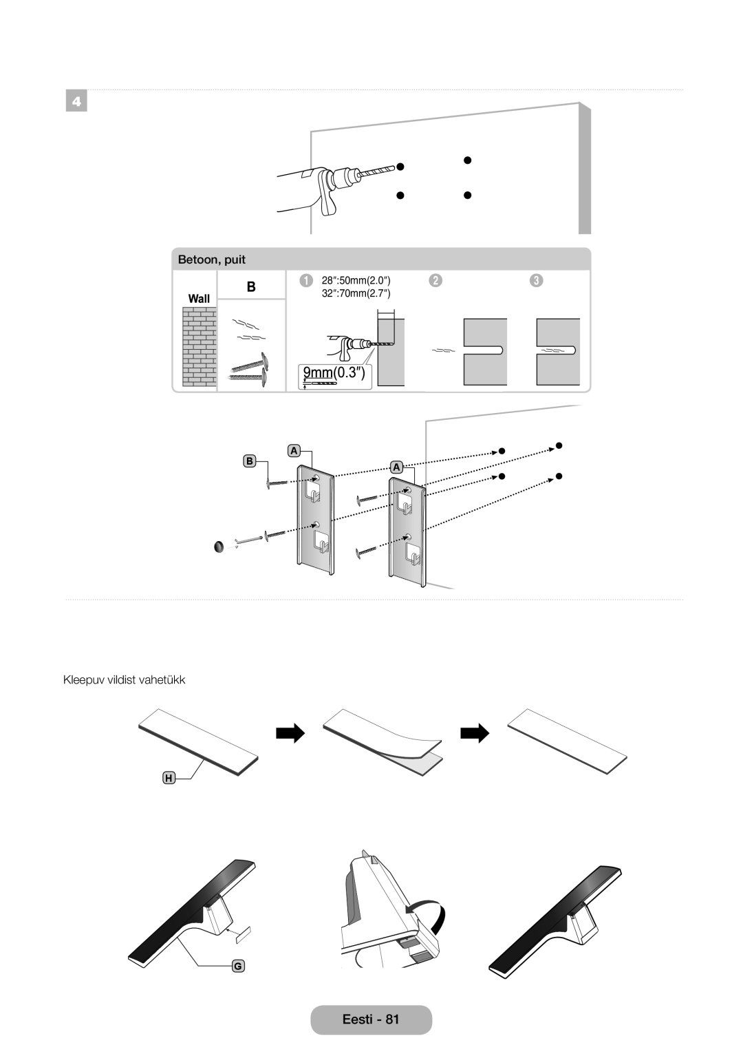 Samsung LT32E310EW/EN, LT32E310EXQ/EN, LT28E310EW/EN, LT28E310EXQ/EN, LT24E310EW/EN Betoon, puit, Kleepuv vildist vahetükk 