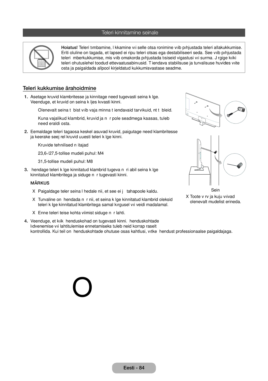 Samsung LT24E310EW/EN, LT32E310EXQ/EN, LT32E310EW/EN, LT28E310EW/EN Teleri kinnitamine seinale, Teleri kukkumise ärahoidmine 