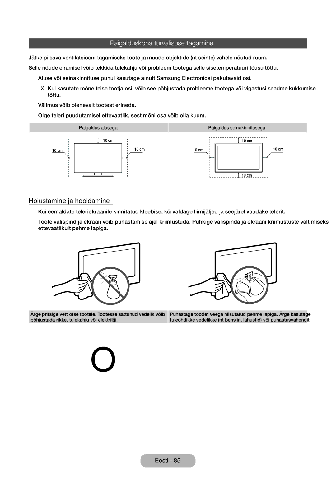 Samsung LT28E310EX/EN, LT32E310EXQ/EN, LT32E310EW/EN manual Paigalduskoha turvalisuse tagamine, Hoiustamine ja hooldamine 