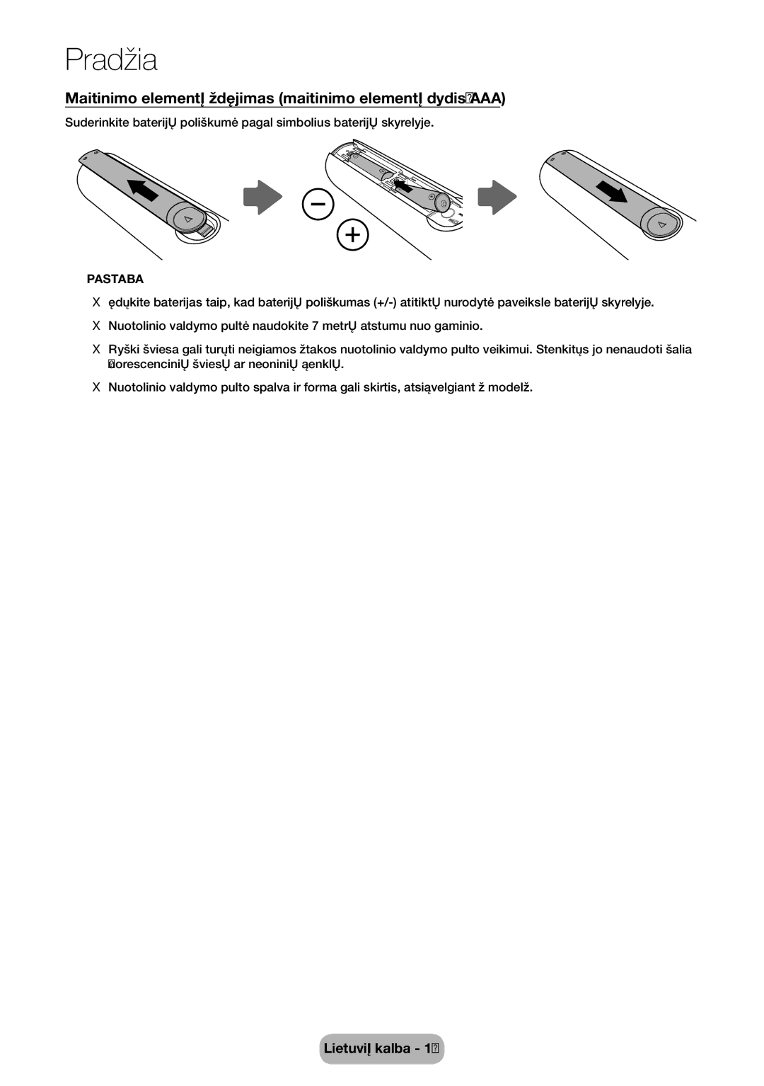 Samsung LT24E310EX/EN, LT32E310EXQ/EN, LT32E310EW/EN manual Maitinimo elementų įdėjimas maitinimo elementų dydis AAA, Pastaba 