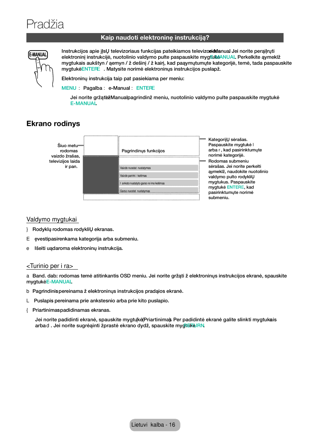 Samsung LT32E310EXQ/EN manual Ekrano rodinys, Kaip naudoti elektroninę instrukciją?, Valdymo mygtukai, Turinio peržiūra 