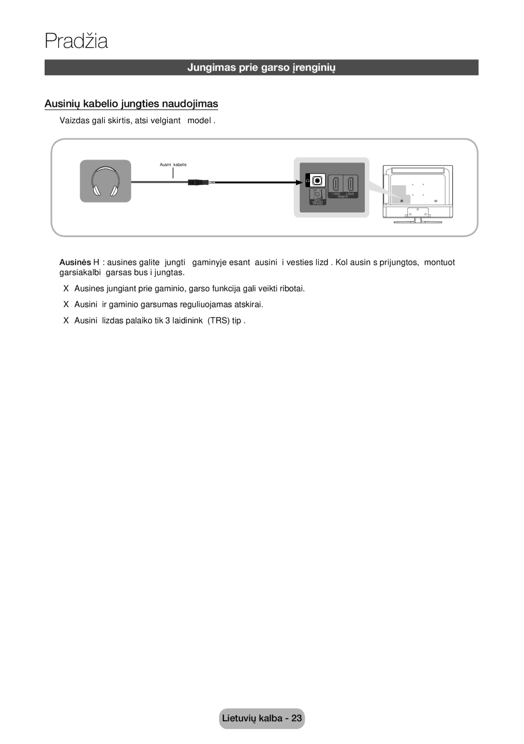 Samsung LT24E310EX/EN, LT32E310EXQ/EN, LT32E310EW/EN Jungimas prie garso įrenginių, Ausinių kabelio jungties naudojimas 