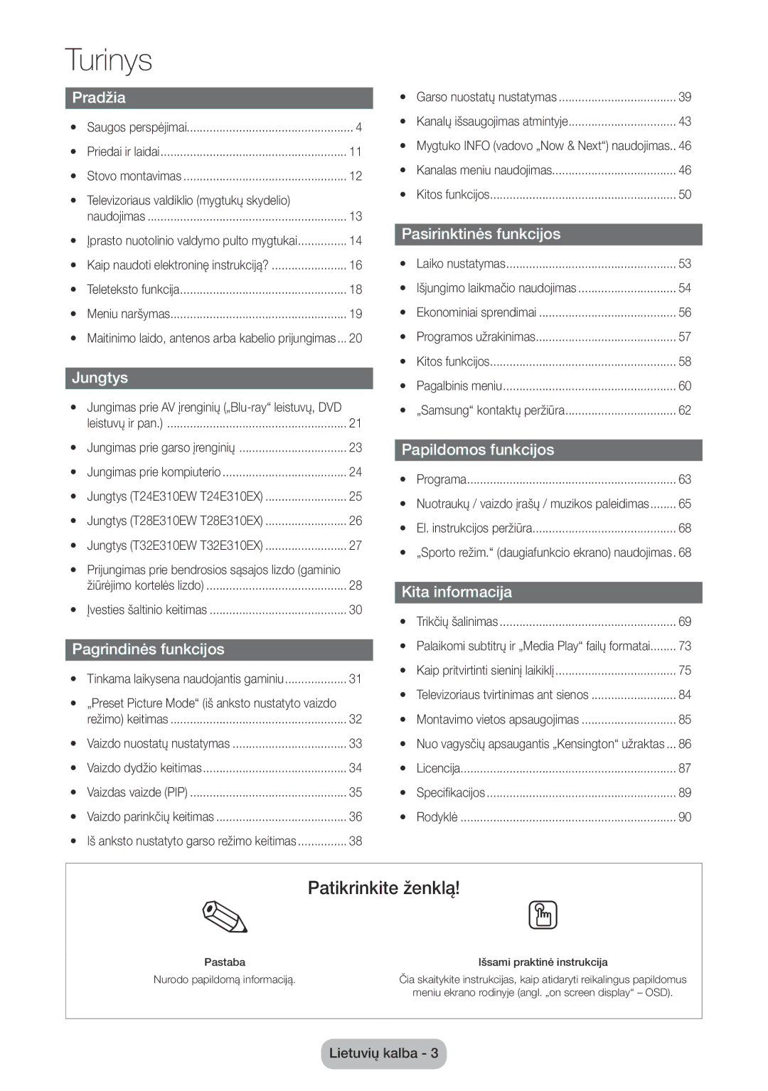 Samsung LT28E310EXQ/EN, LT32E310EXQ/EN, LT32E310EW/EN, LT28E310EW/EN Turinys, Yy Televizoriaus valdiklio mygtukų skydelio 