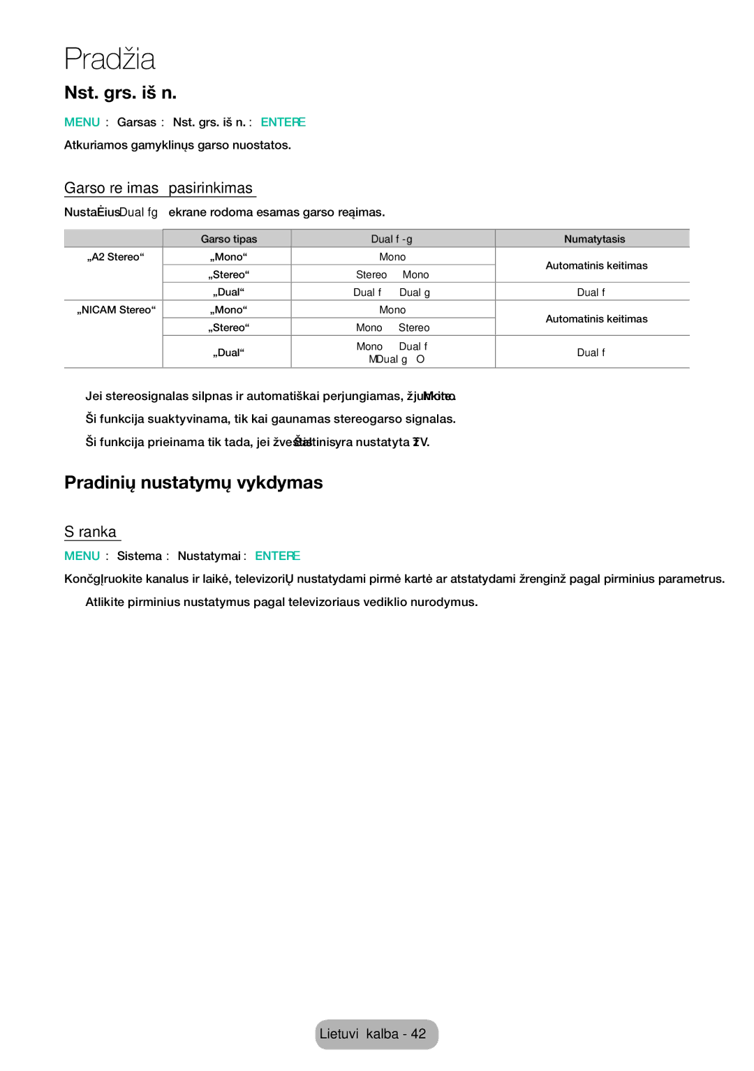 Samsung LT28E310EW/EN, LT32E310EXQ/EN Nst. grs. iš n, Pradinių nustatymų vykdymas, Garso režimas pasirinkimas, Sąranka 