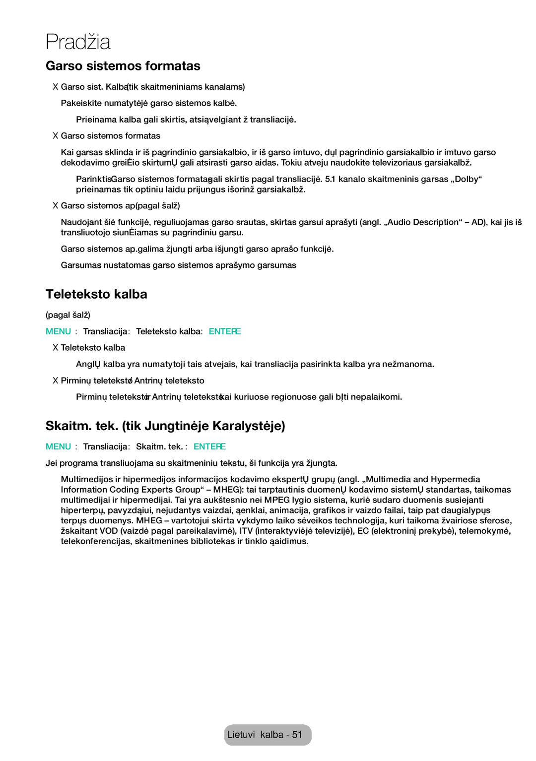 Samsung LT28E310EXQ/EN, LT32E310EXQ/EN Garso sistemos formatas, Teleteksto kalba, Skaitm. tek. tik Jungtinėje Karalystėje 