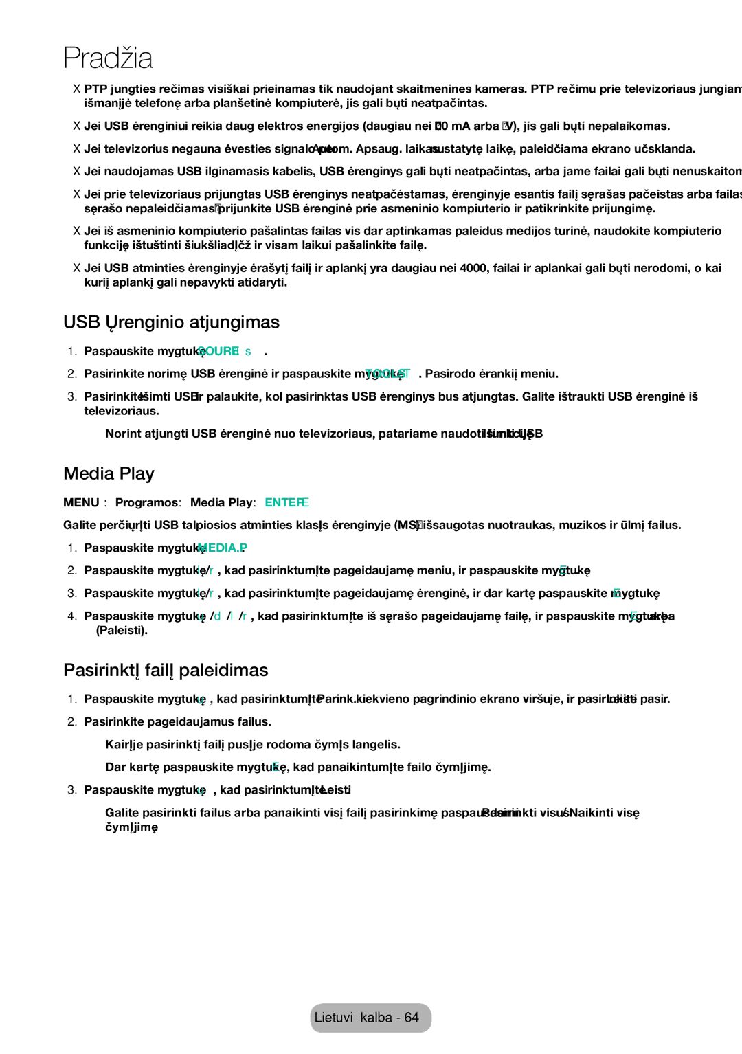 Samsung LT32E310EXQ/EN, LT32E310EW/EN, LT28E310EW/EN manual USB įrenginio atjungimas, Media Play, Pasirinktų failų paleidimas 
