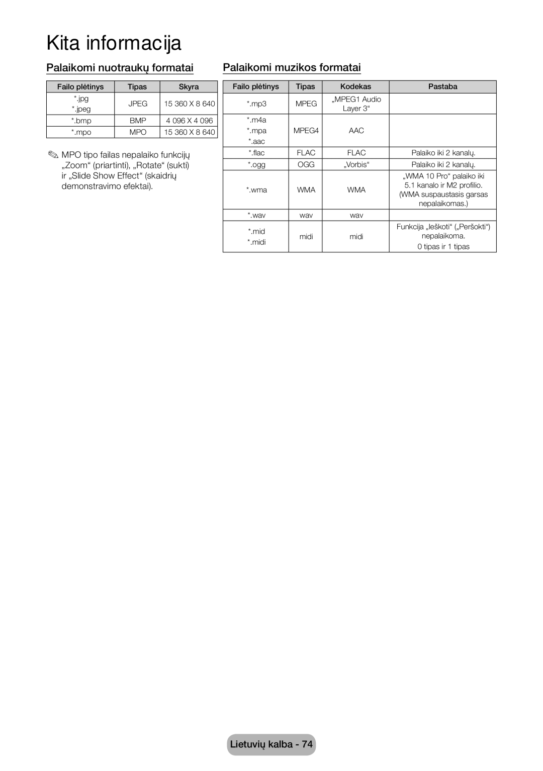 Samsung LT28E310EW/EN, LT32E310EXQ/EN, LT32E310EW/EN, LT24E310EW/EN Palaikomi nuotraukų formatai, Palaikomi muzikos formatai 