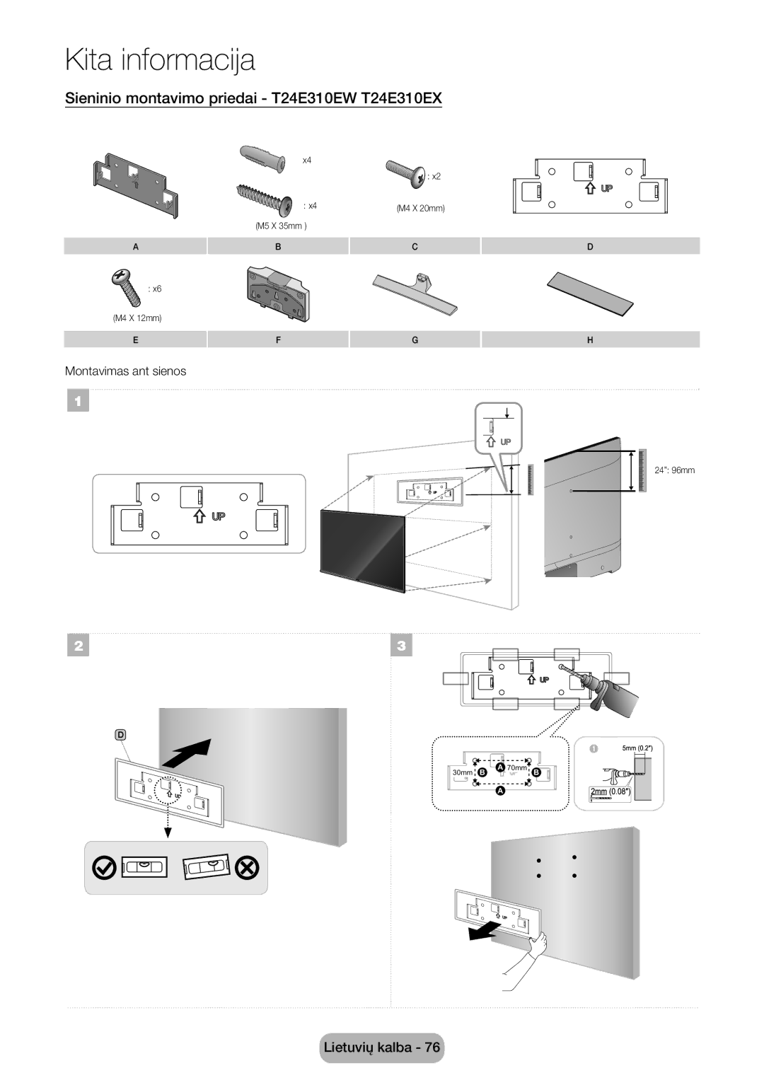 Samsung LT24E310EW/EN, LT32E310EXQ/EN, LT32E310EW/EN Sieninio montavimo priedai T24E310EW T24E310EX, Montavimas ant sienos 