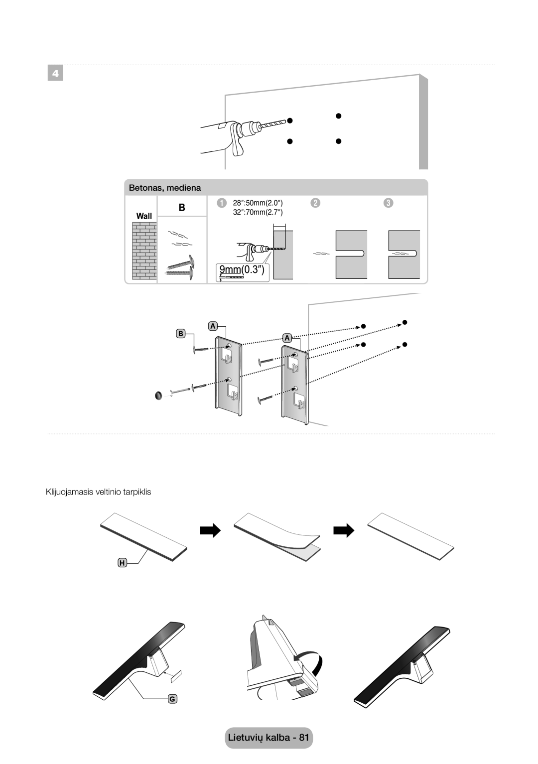 Samsung LT32E310EW/EN, LT32E310EXQ/EN, LT28E310EW/EN, LT28E310EXQ/EN manual Betonas, mediena, Klijuojamasis veltinio tarpiklis 