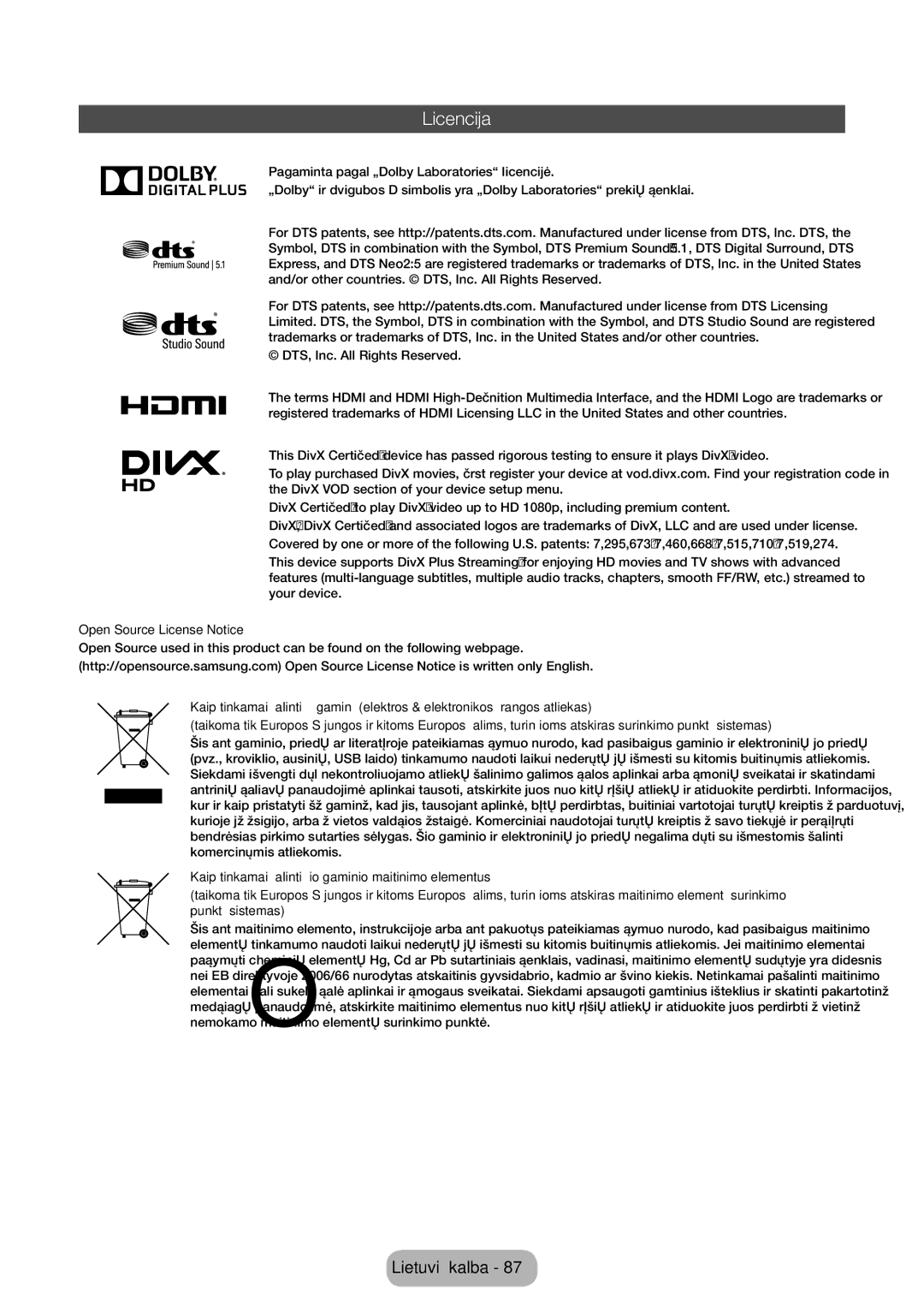 Samsung LT24E310EX/EN, LT32E310EXQ/EN, LT32E310EW/EN, LT28E310EW/EN, LT28E310EXQ/EN, LT24E310EW/EN, LT28E310EX/EN Licencija 