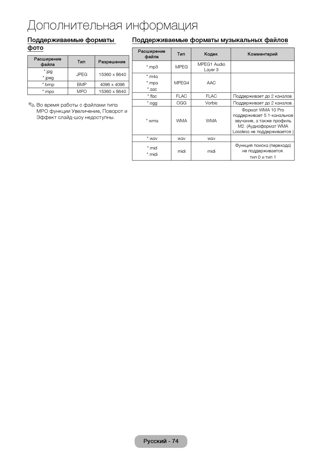 Samsung LT28E310EW/EN, LT32E310EXQ/EN, LT32E310EW/EN Поддерживаемые форматы фото, Поддерживаемые форматы музыкальных файлов 