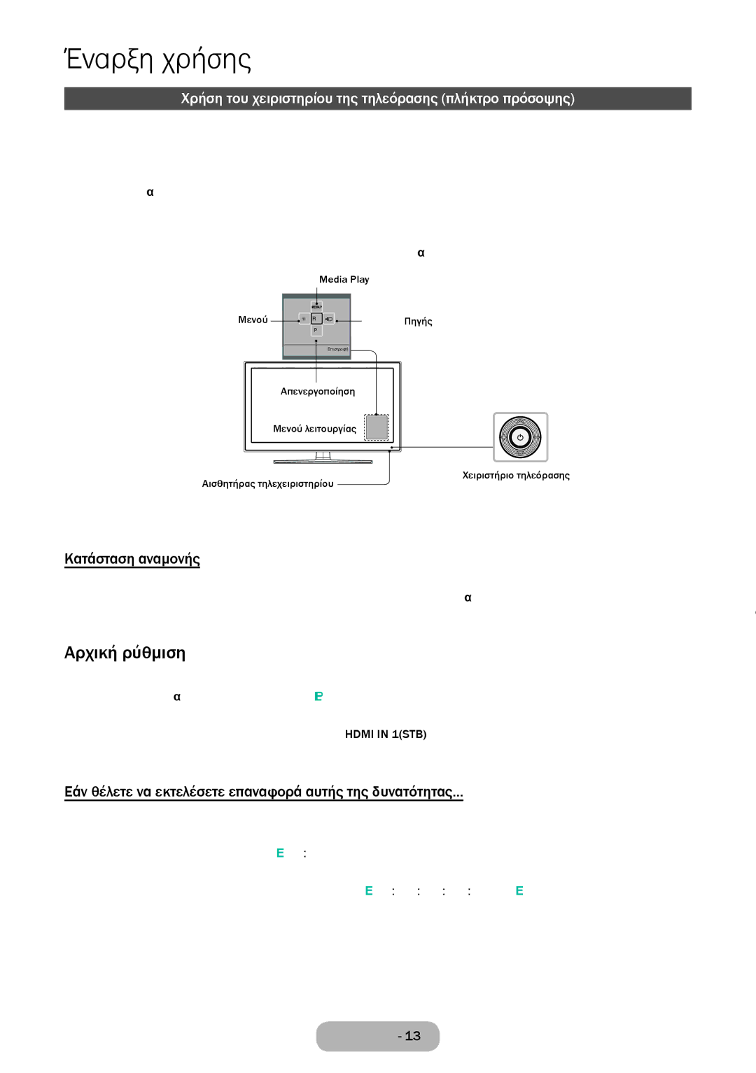 Samsung LT32E310EX/EN manual Αρχική ρύθμιση, Χρήση του χειριστηρίου της τηλεόρασης πλήκτρο πρόσοψης, Κατάσταση αναμονής 